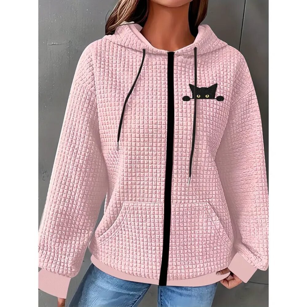 Spy Cat Mom Cozy Pink Casual Waffle Knit Graphic Hoodie Polyester XXL